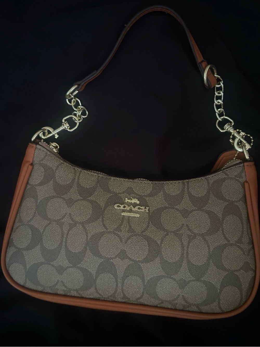 Coach Brown Signature Canvas Shoulder Bag with Tan Leather Trim
